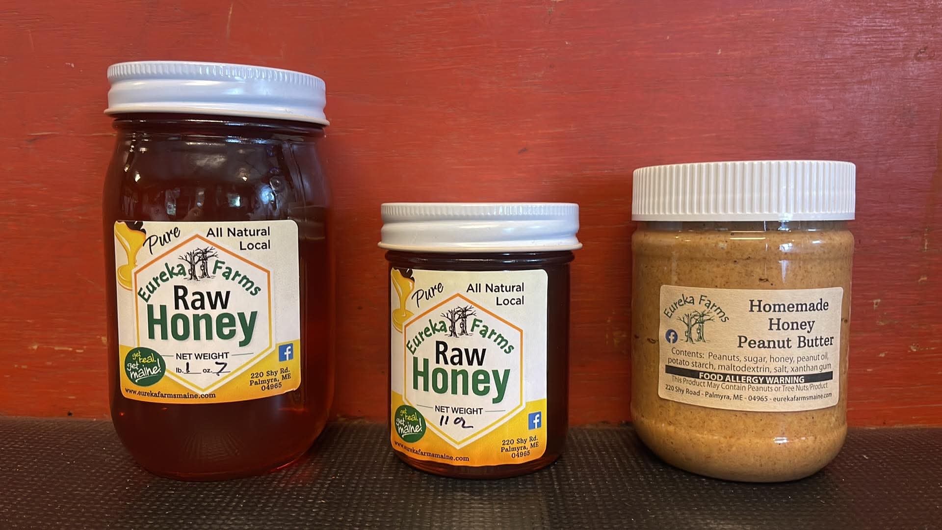 Eureka Farms Raw Honey jars in two sizes and Homemade Honey Peanut Butter from Palmyra, Maine