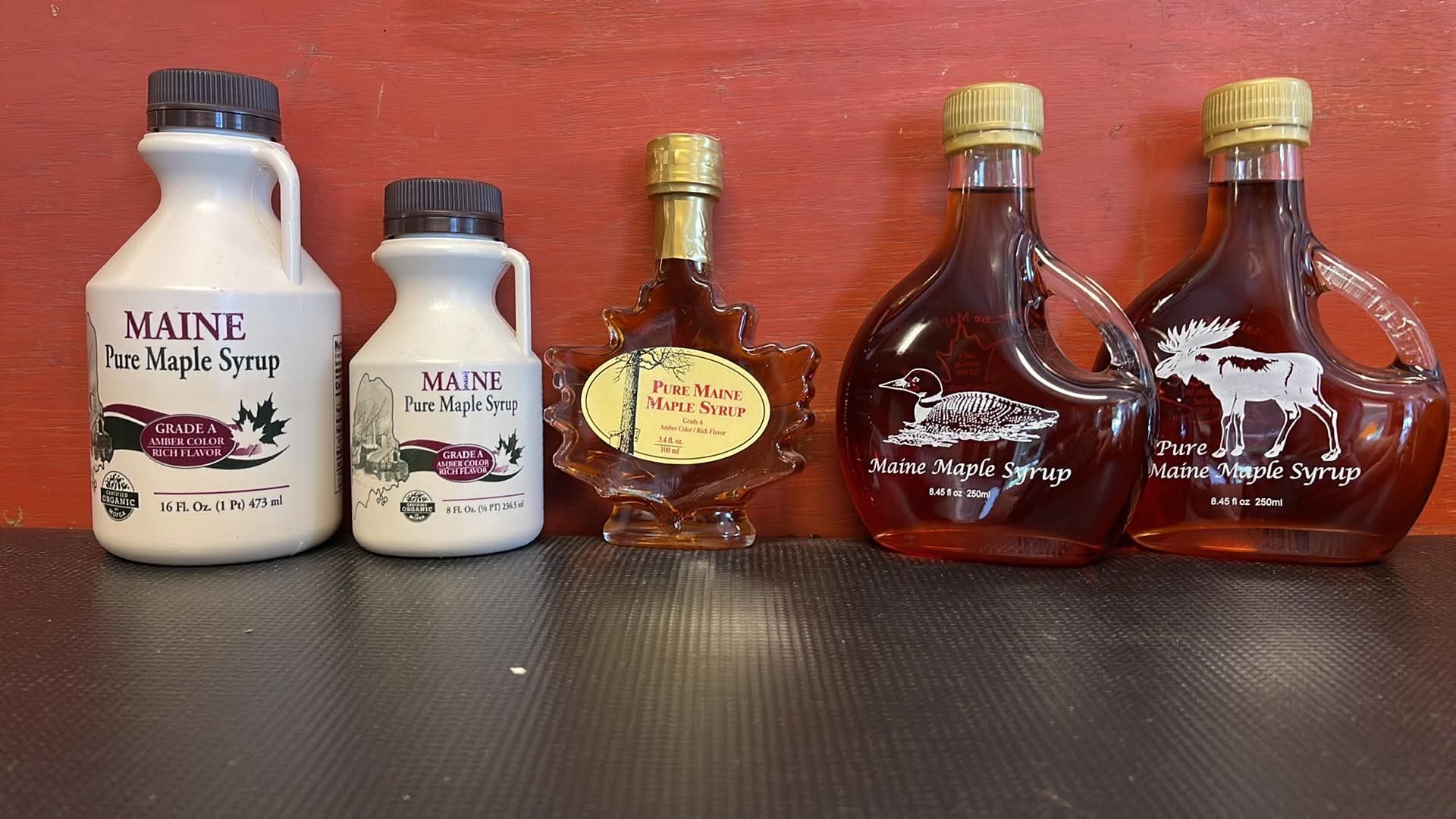 Pure Maine Maple Syrup bottles in various sizes
